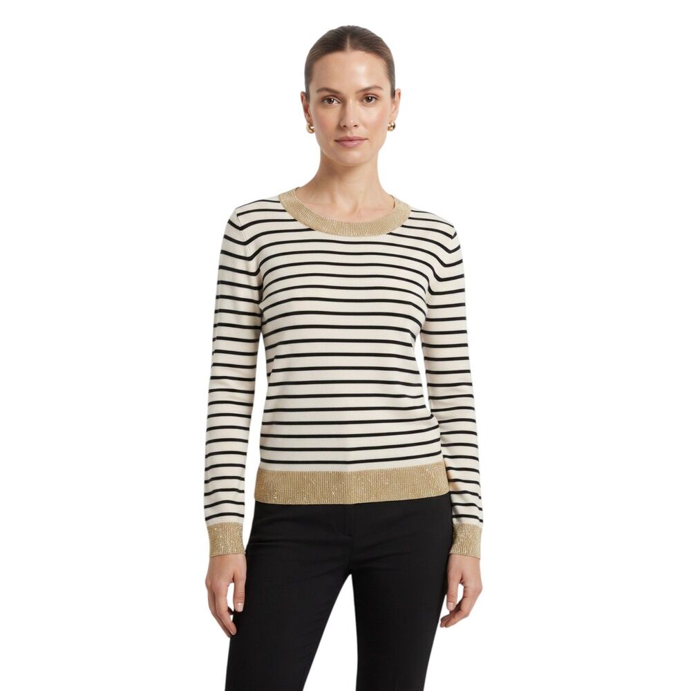 Marled Black Cream Striped Crew Neck Ribbed Sweater MED